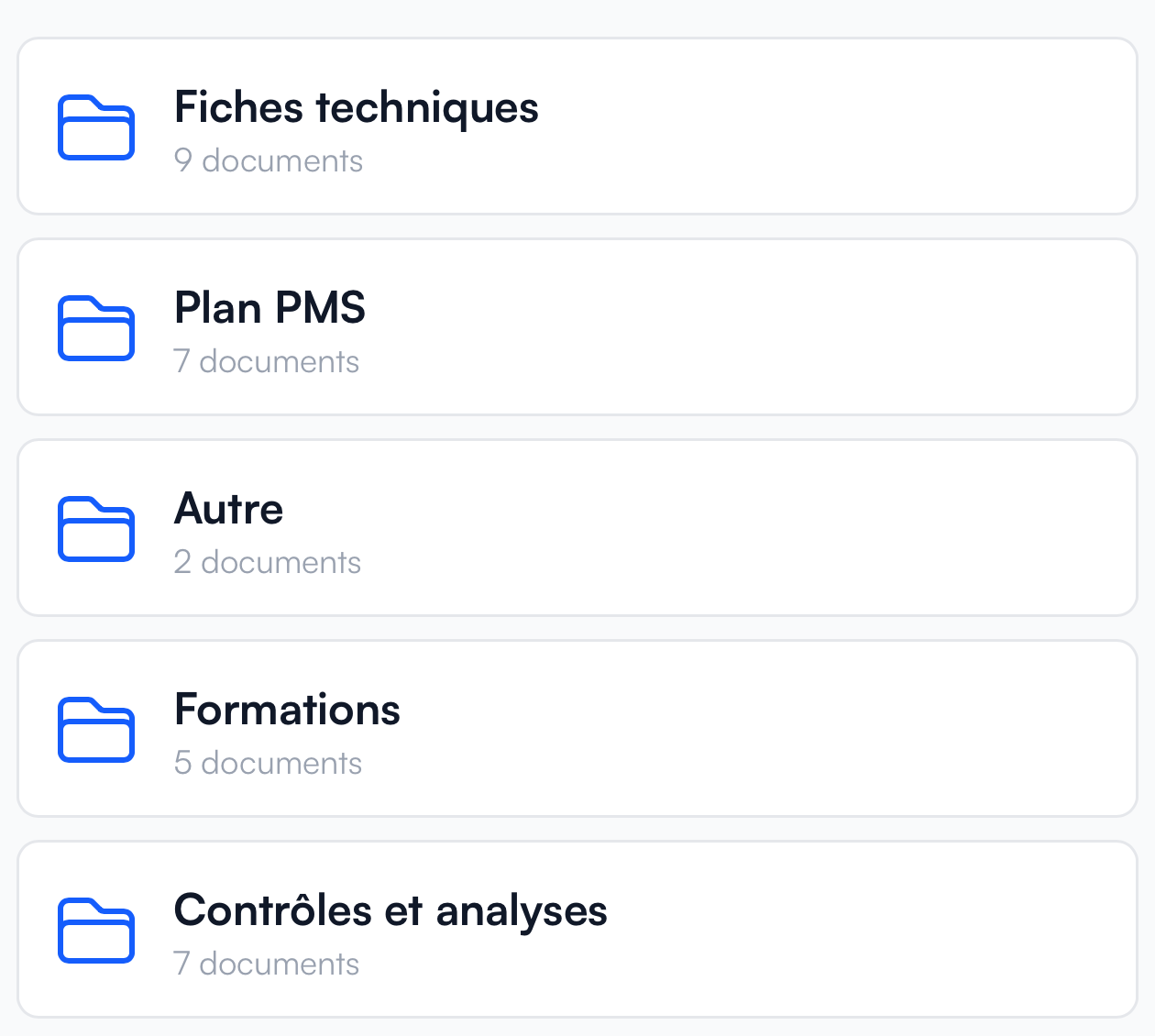 Dossiers des documents : fiches techniques, PMS, formations et contrôles