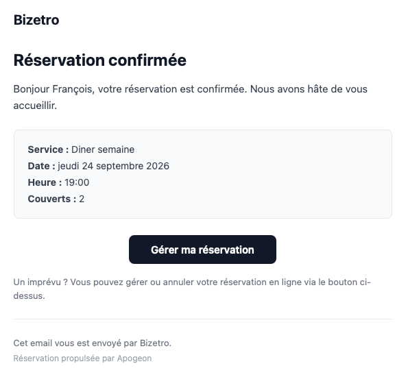 Véritable e-mail de confirmation Apogeon : service, date, heure, couverts et bouton Gérer ma réservation pour modifier ou annuler.