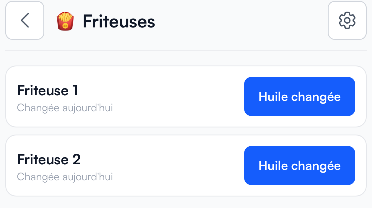 Changements d'huile enregistrés pour les deux friteuses