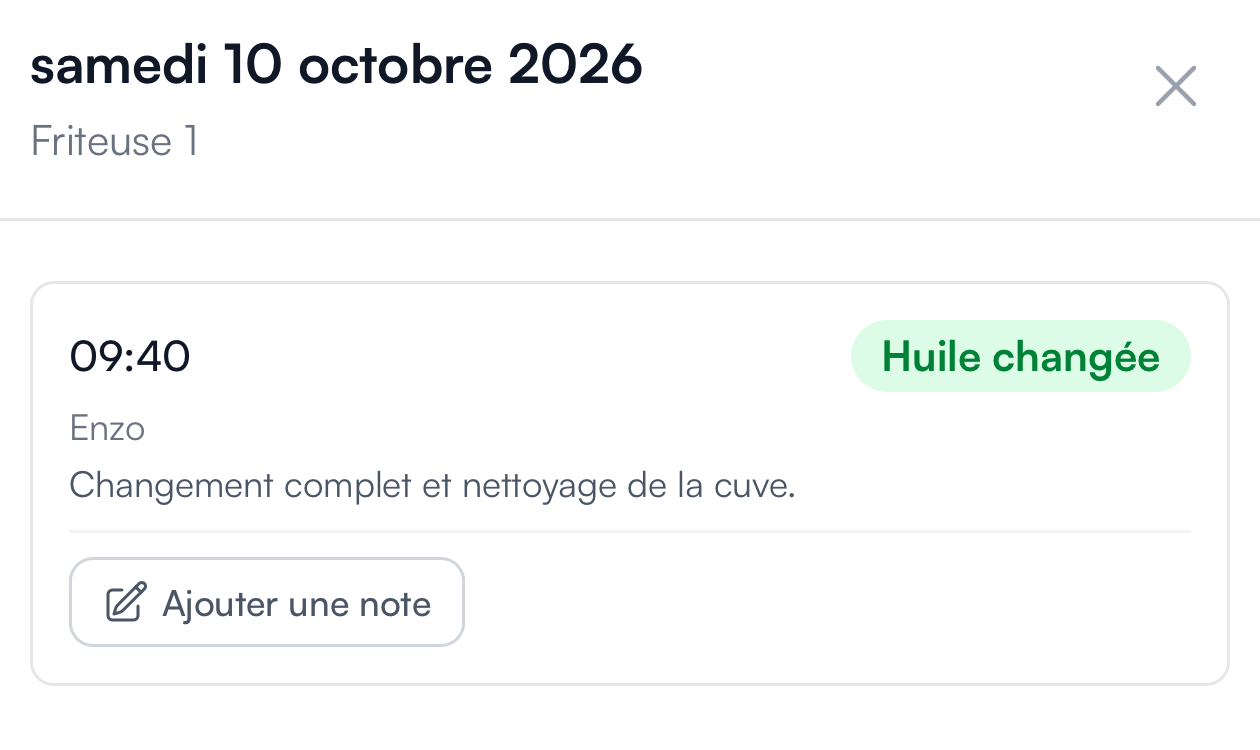 Détail d'un changement d'huile avec heure, membre de l'équipe et note