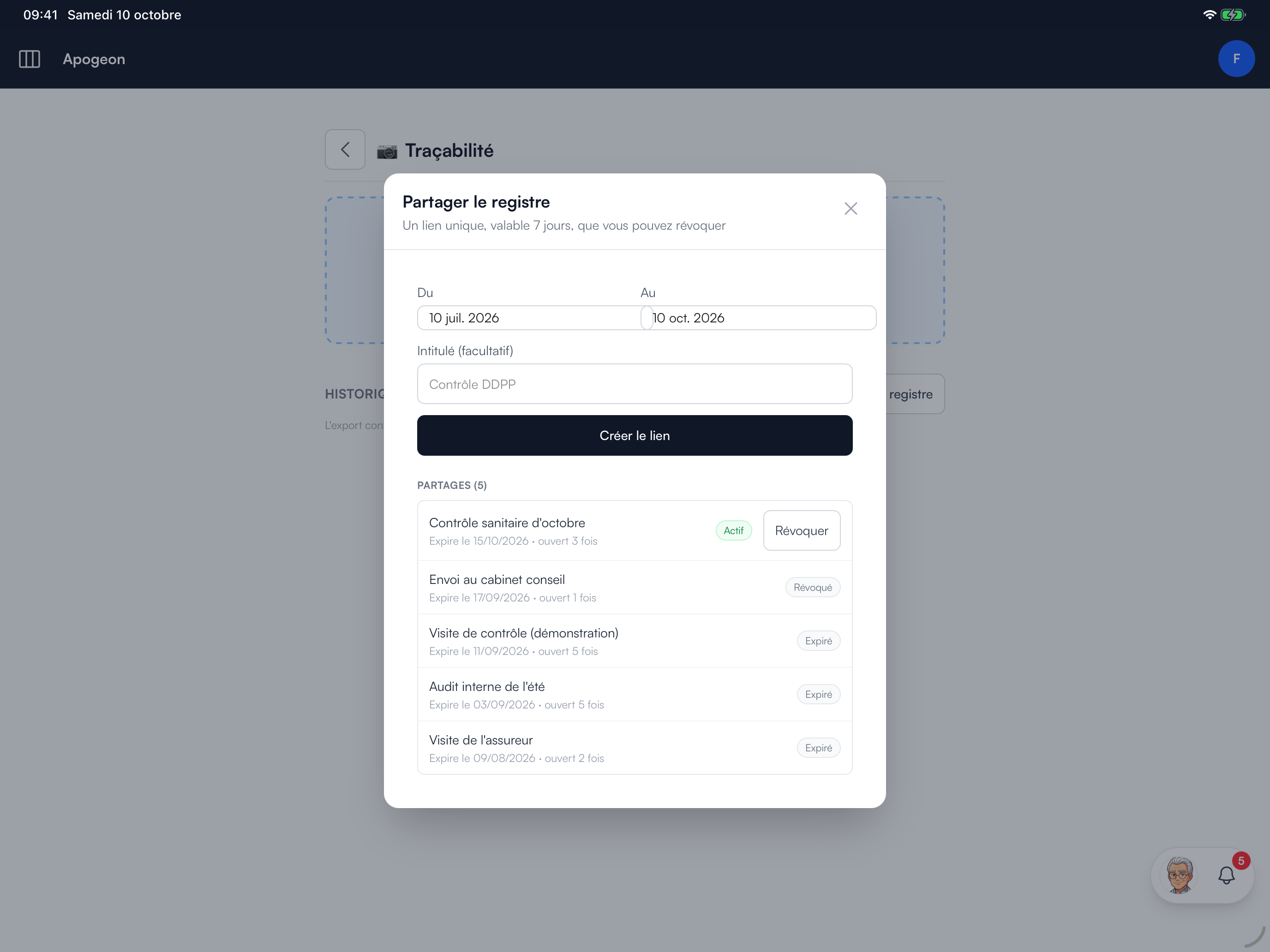 Capture réelle du module Hygiène sur iPad : partage du registre et gestion des liens de consultation