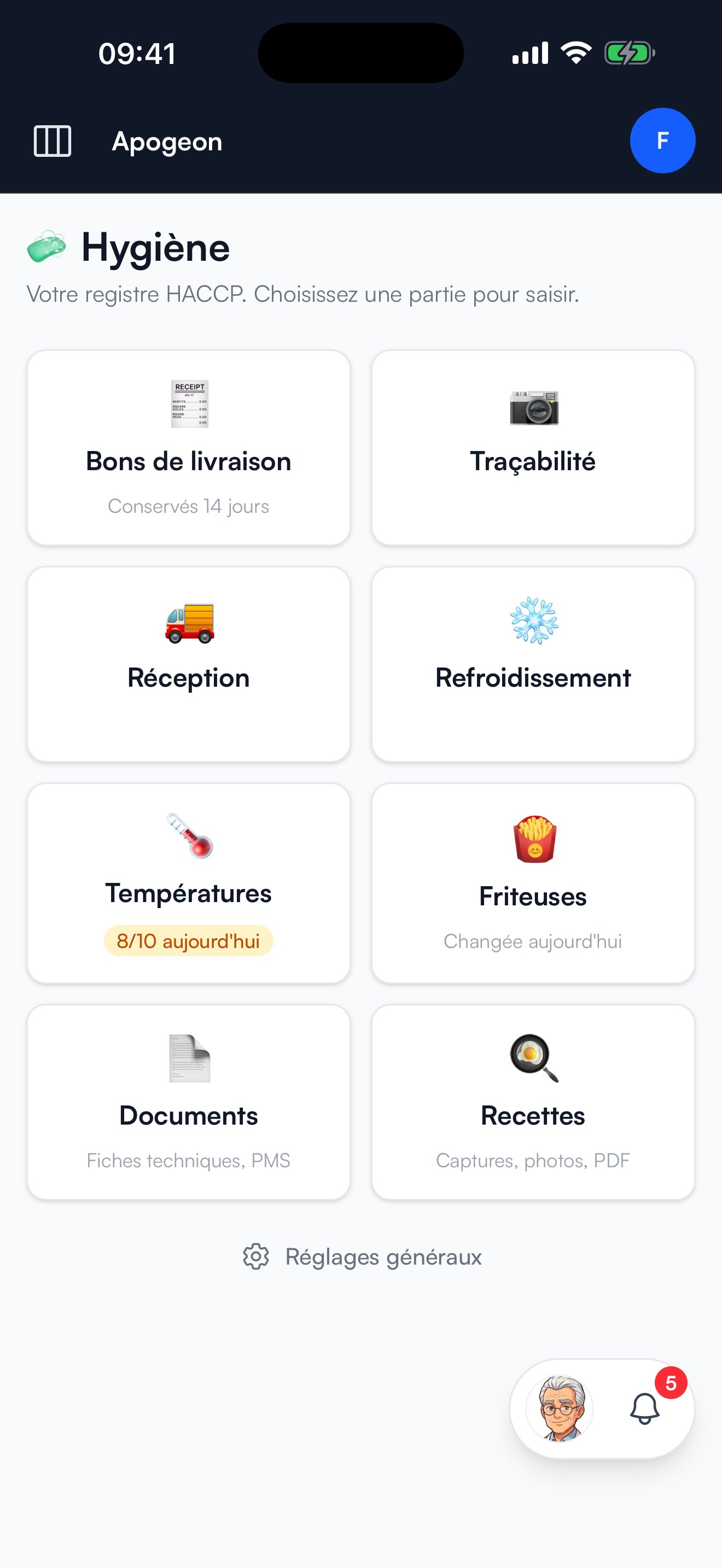 Accueil du module Hygiène sur iPhone : les huit rubriques et les réglages généraux