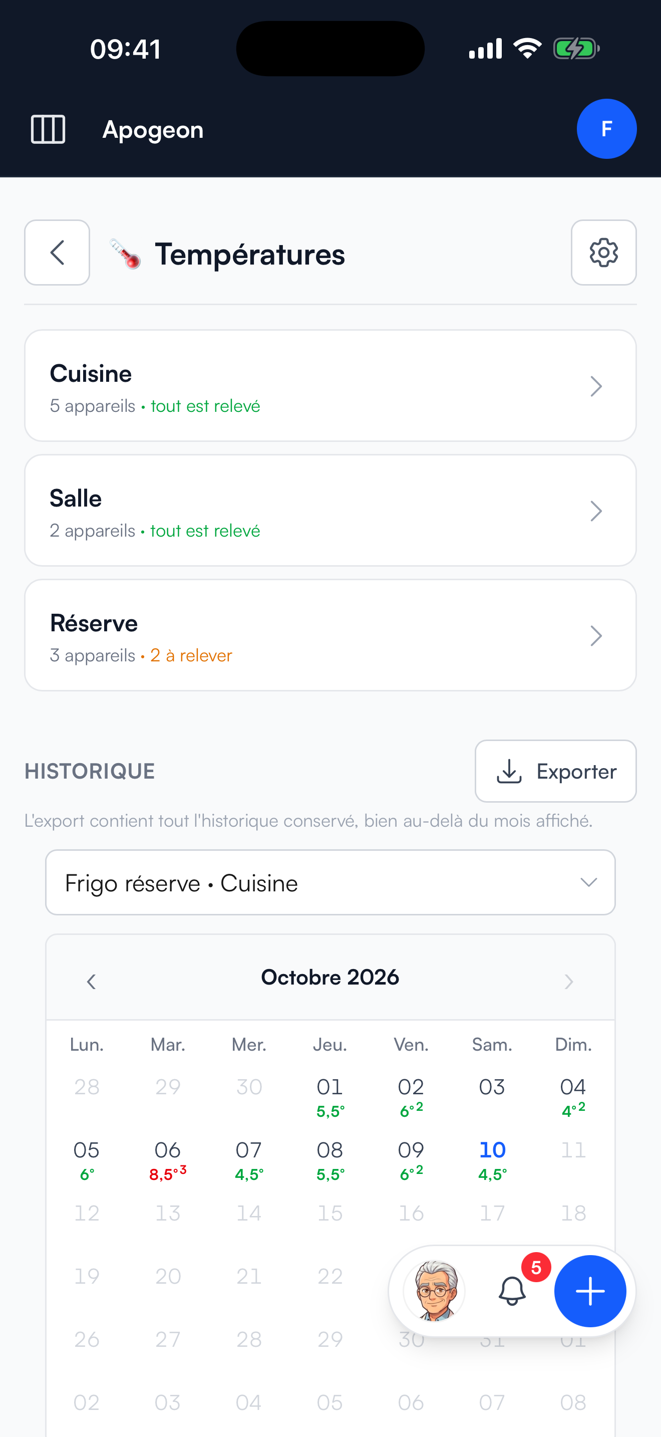 Espaces et historique des températures dans l'application mobile