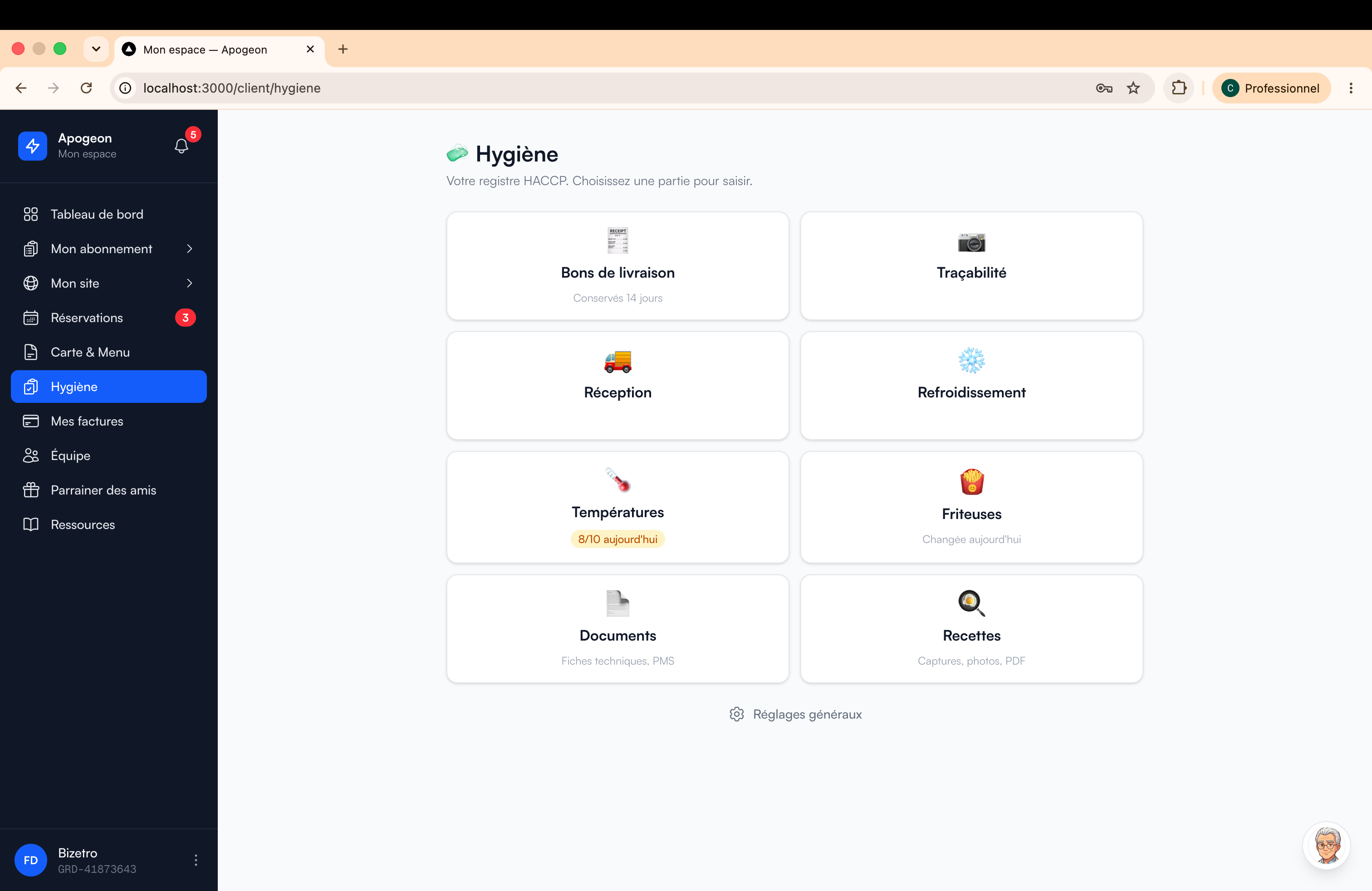 Capture réelle de l'accueil Hygiène sur Mac, avec le navigateur et la navigation latérale