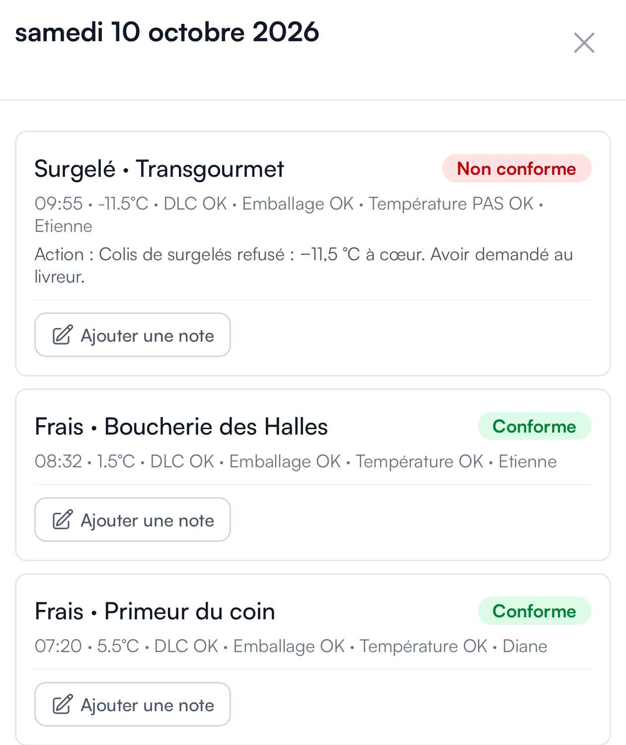 Historique des réceptions avec résultat et action corrective