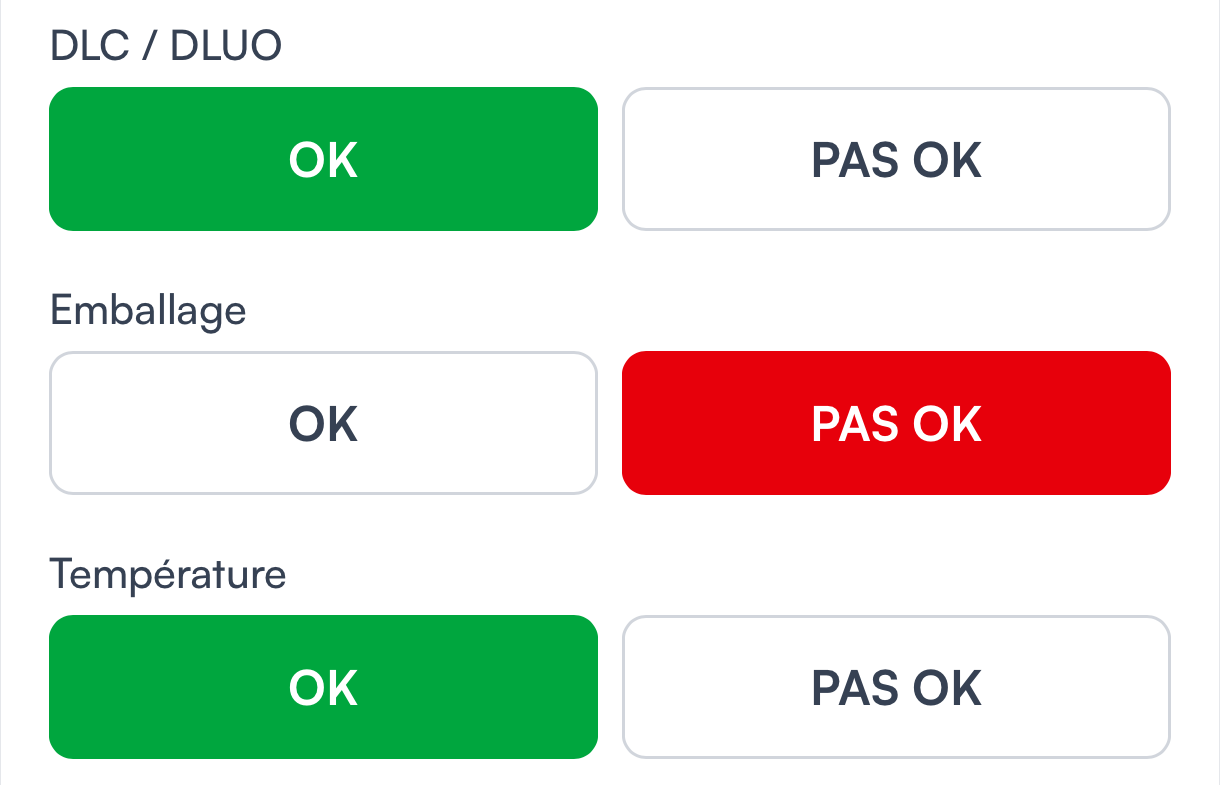 Contrôles de DLC, d'emballage et de température ; emballage signalé PAS OK
