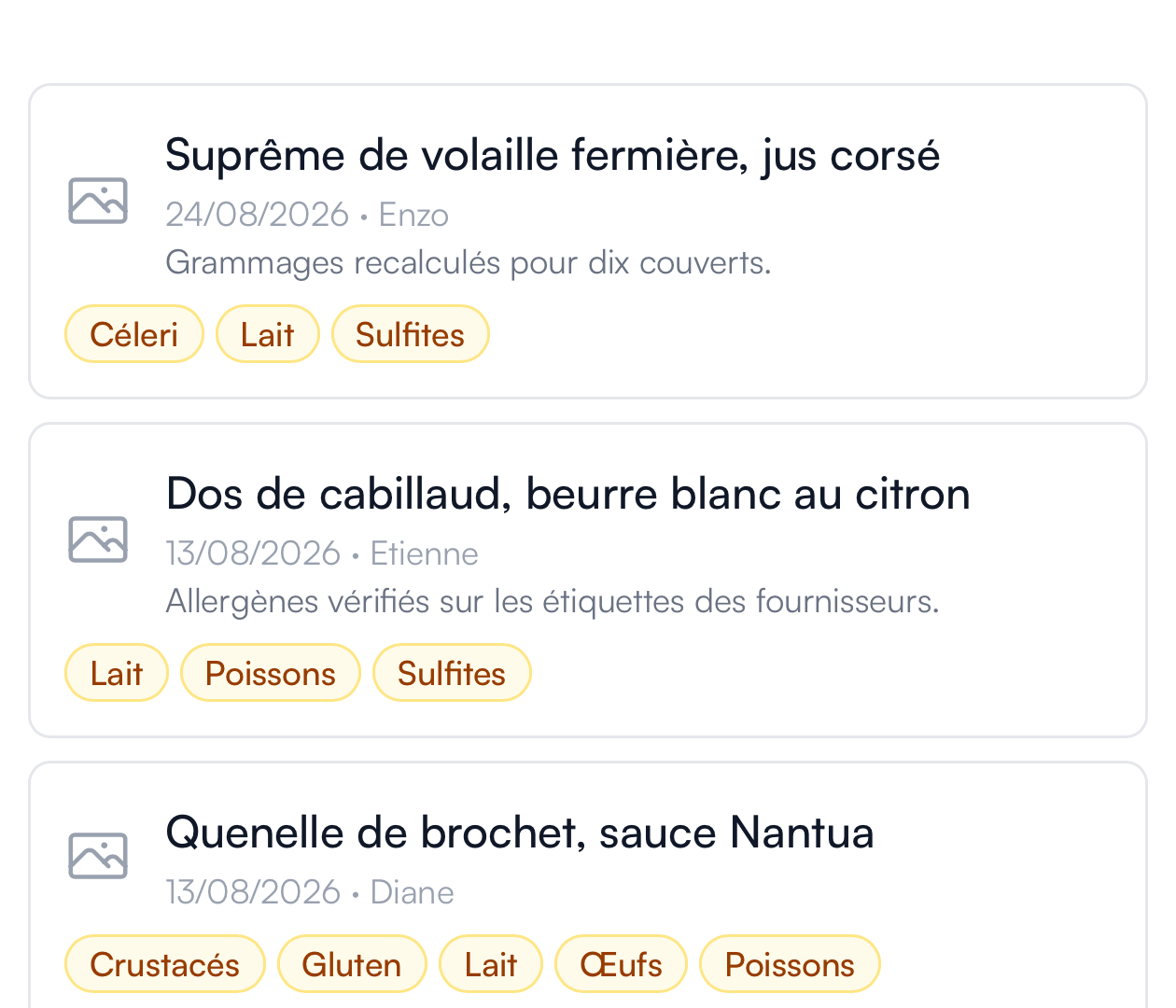 Recettes de plats et allergènes déclarés par l'équipe
