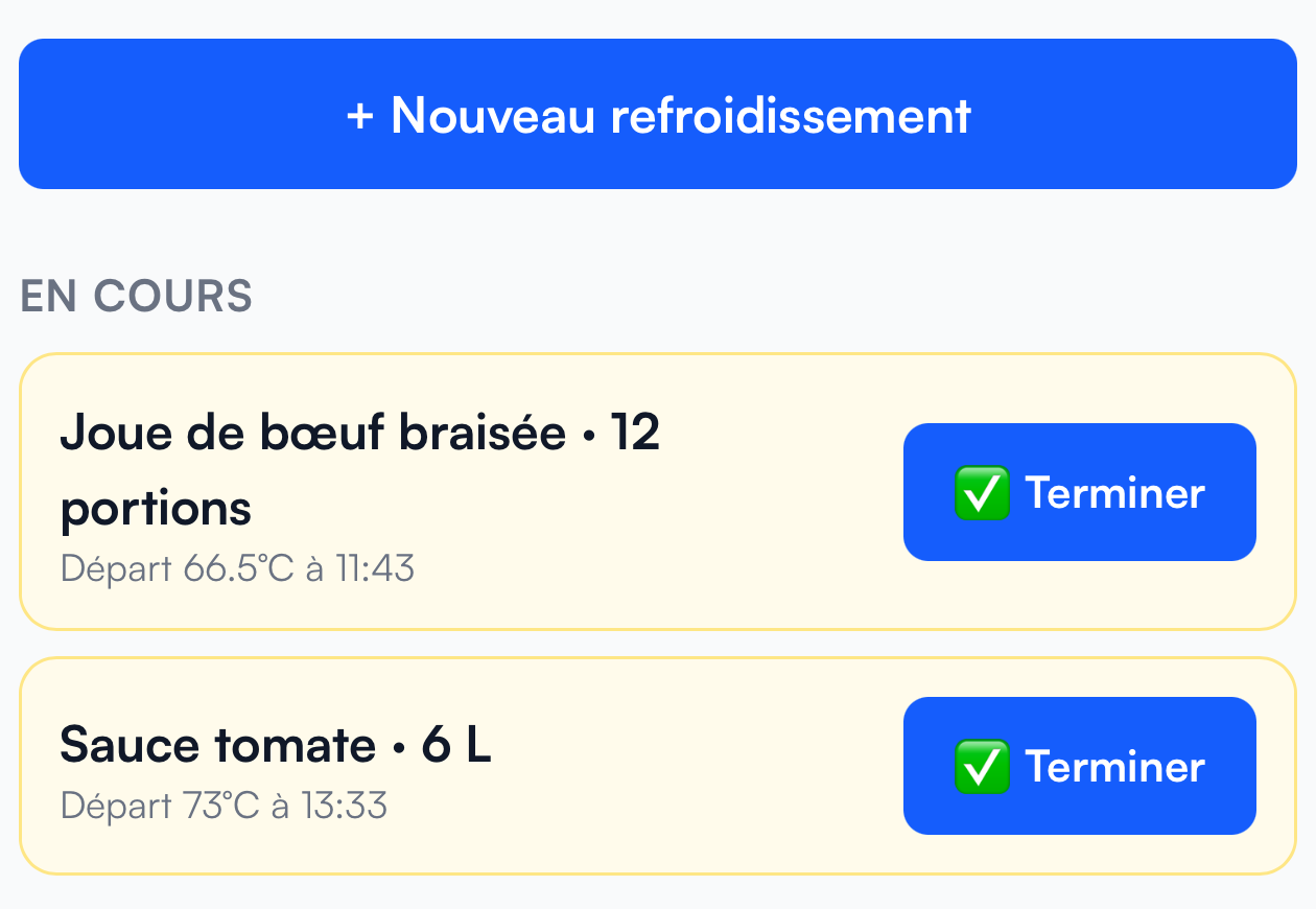 Bouton Nouveau refroidissement et préparations en cours