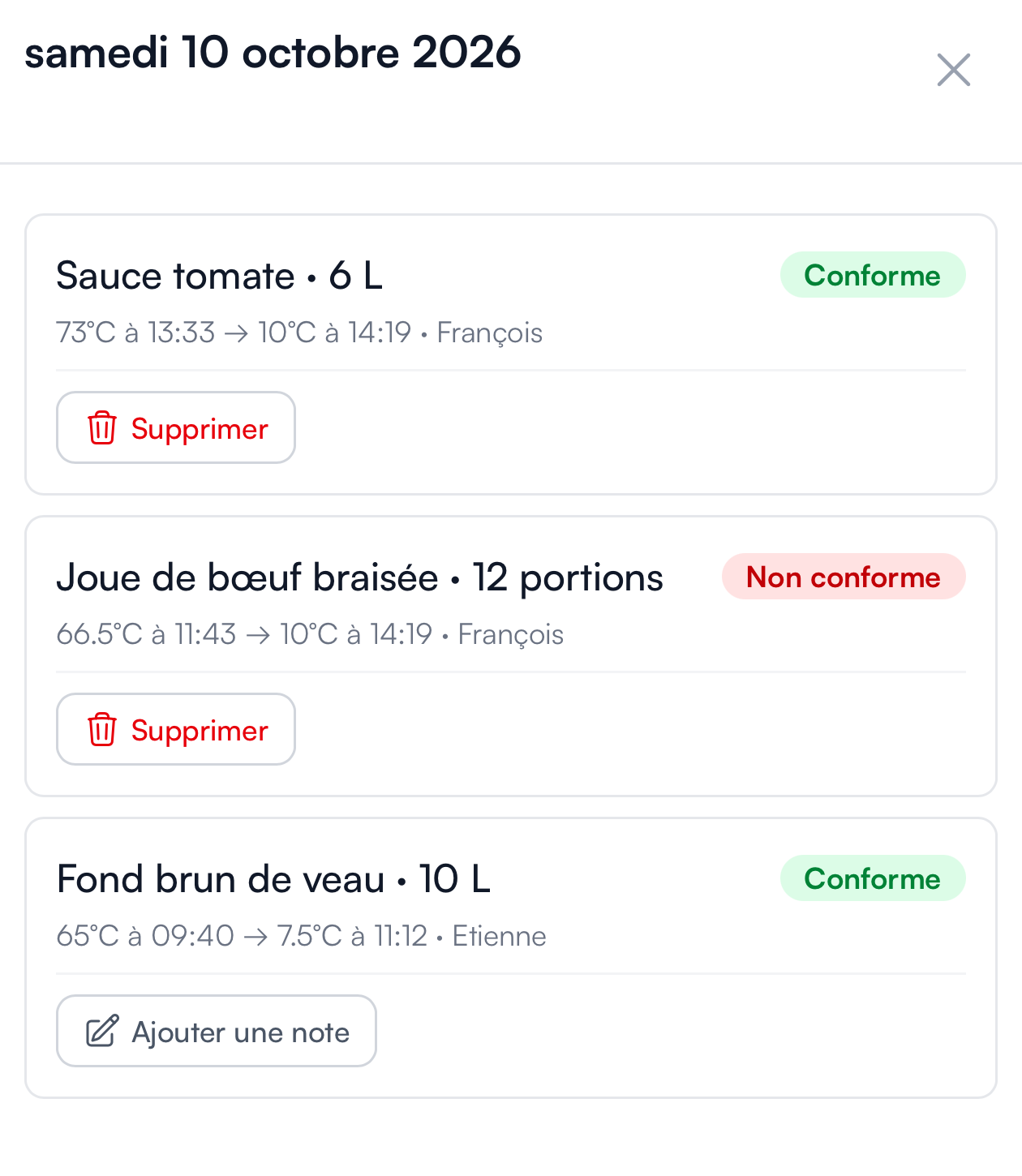 Historique du jour : durée, températures et résultat des refroidissements