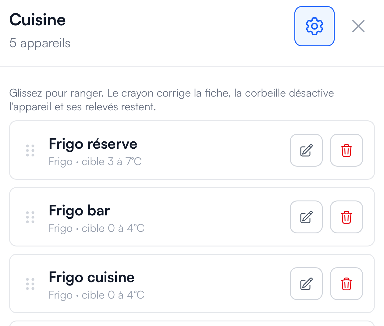 Liste des appareils et réglages de l'espace Cuisine