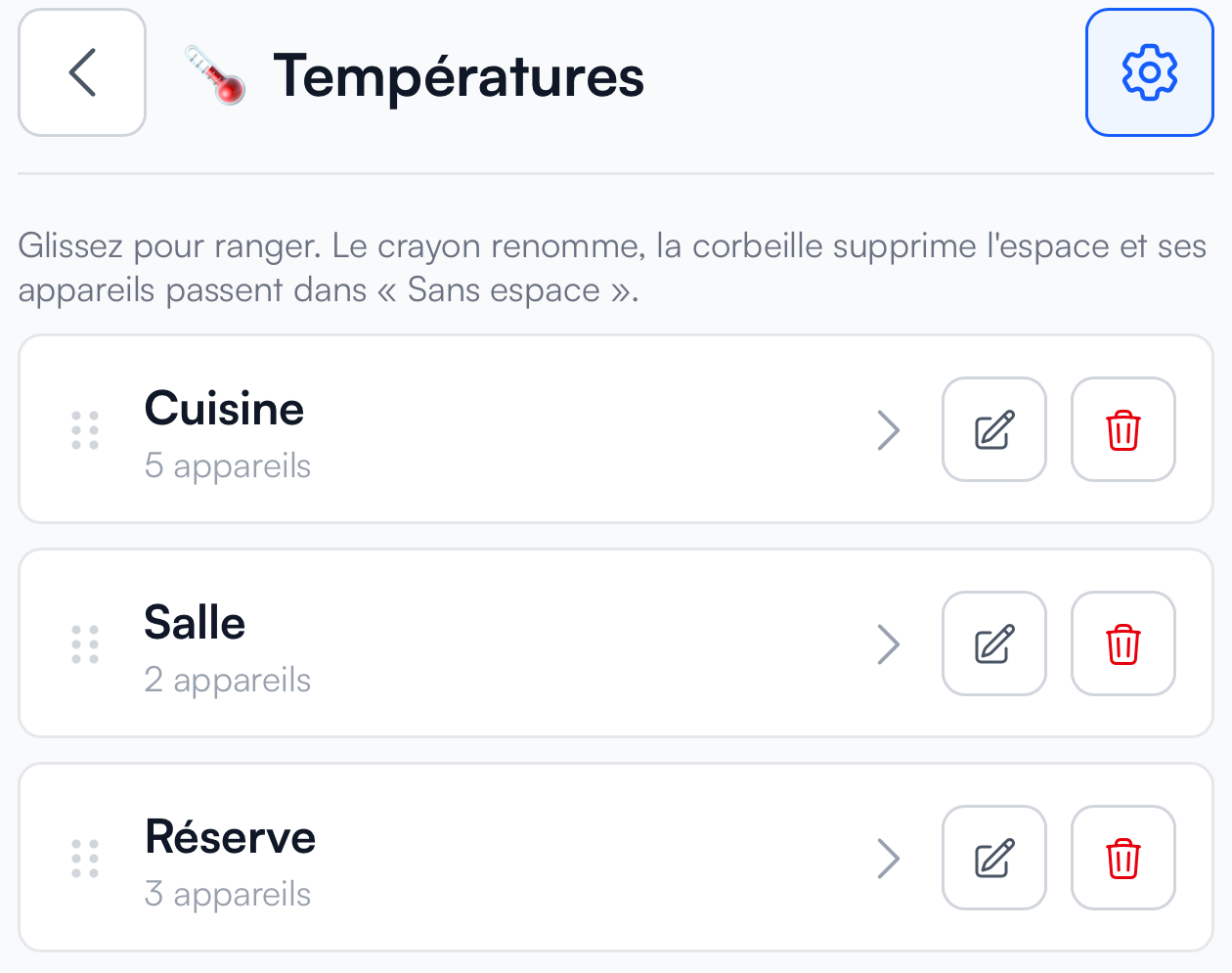 Espaces Cuisine, Salle et Réserve dans les réglages des températures