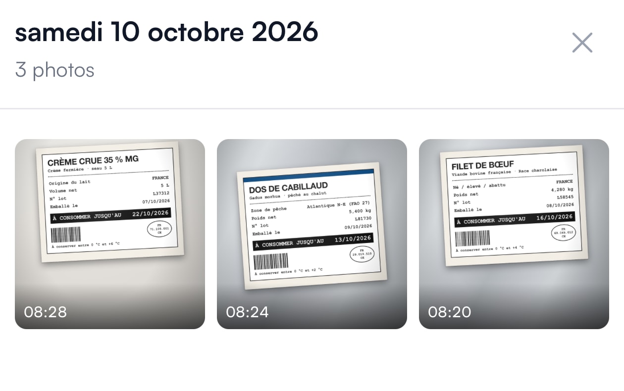 Photos d'étiquettes enregistrées à la date sélectionnée