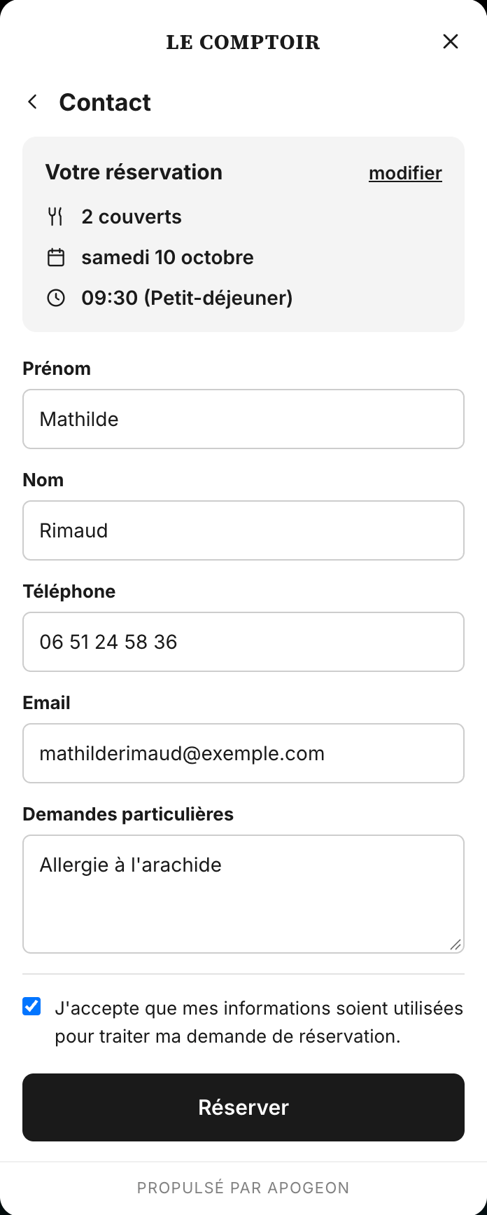 Parcours public : récapitulatif de deux couverts le samedi 10 octobre à 9 h 30, coordonnées remplies et bouton Réserver.
