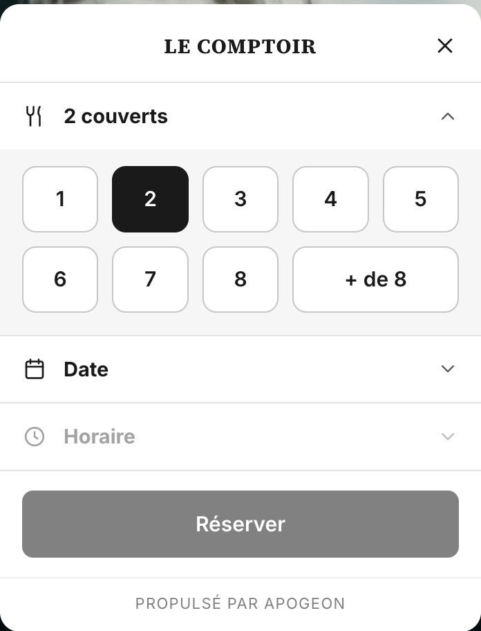 Widget de réservation sur le site Le Comptoir : choix du nombre de couverts.
