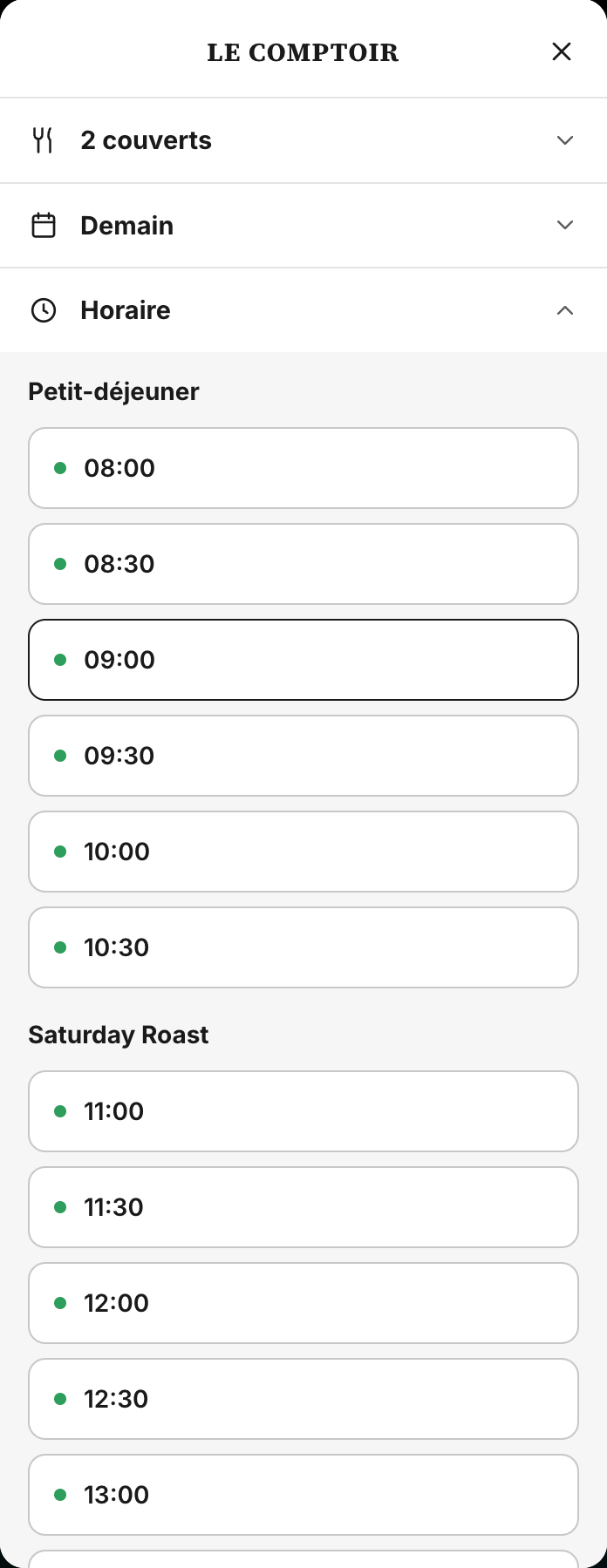 Même widget web : date choisie et horaires disponibles.
